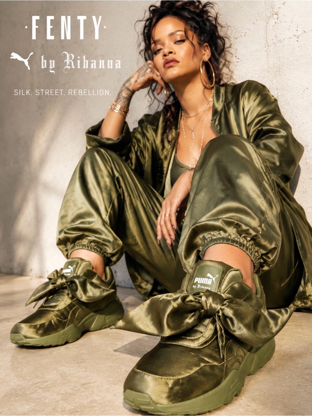 PUMA Fenty by Rihanna Bow Sneakers Olive Green Satin | Women’s 7.5